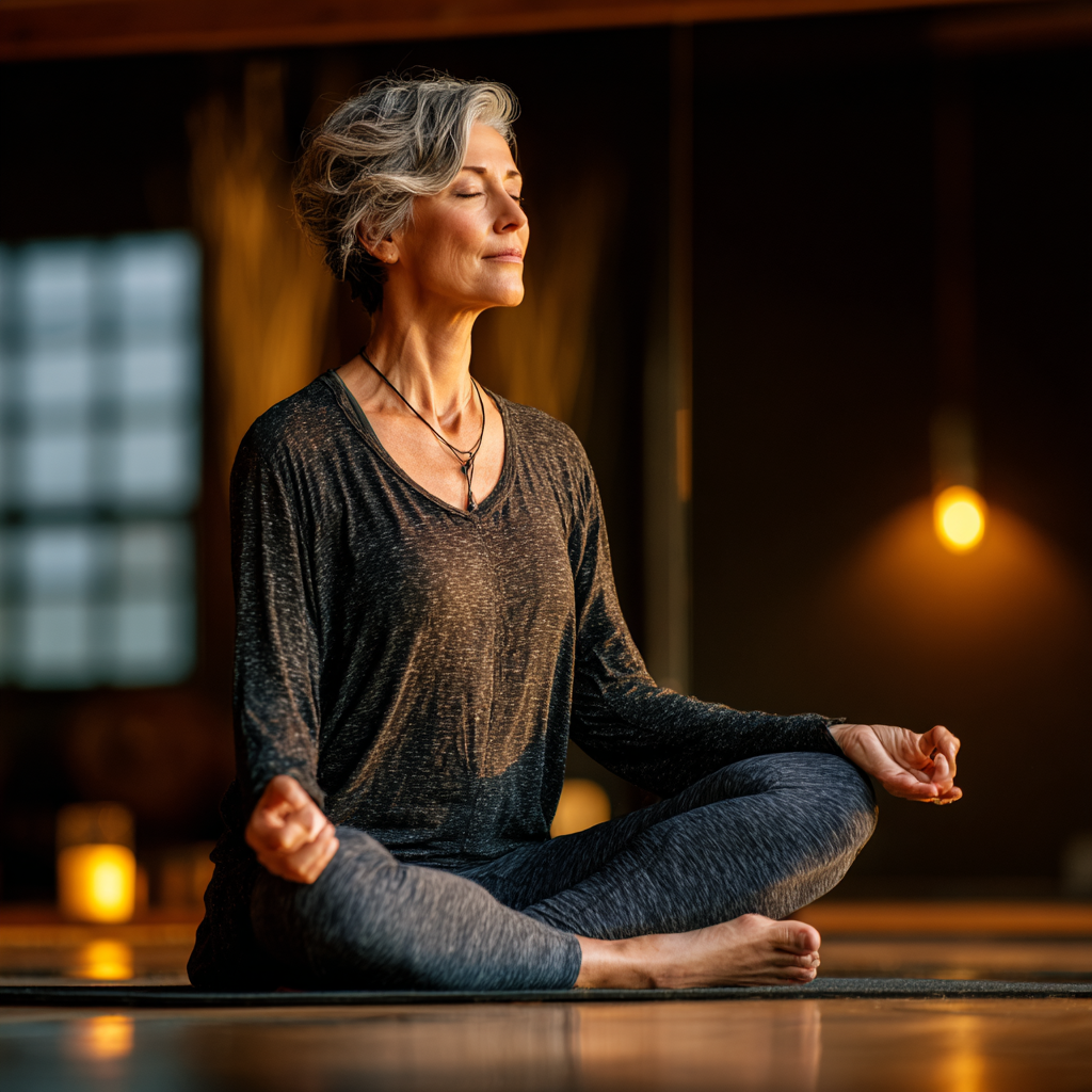 Mature woman practicing mindful yoga in serene studio environment