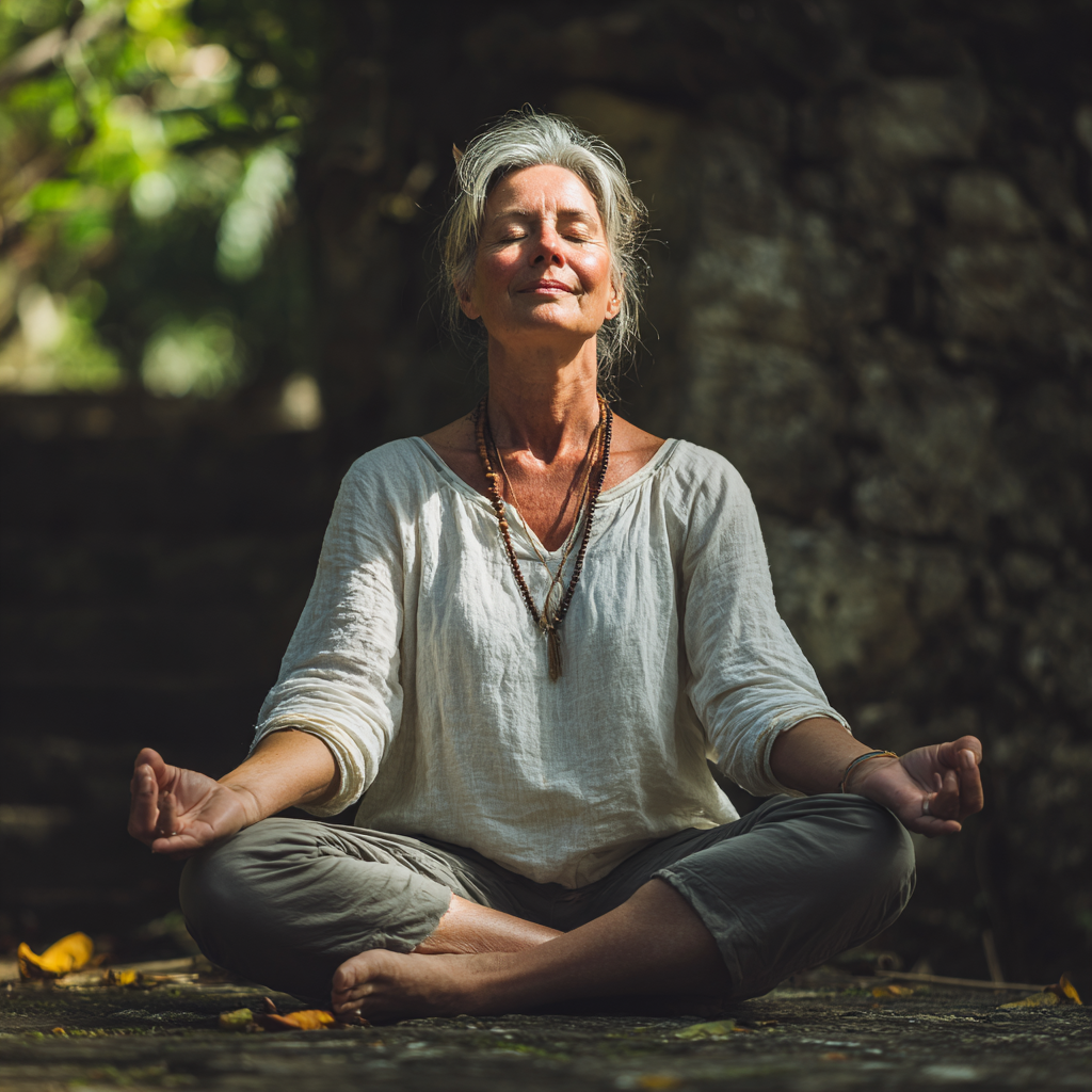 Middle-aged woman demonstrating peaceful yoga pose in natural setting