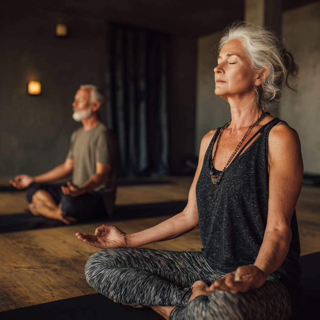 Peaceful yoga studio interior with mature practitioners in meditation