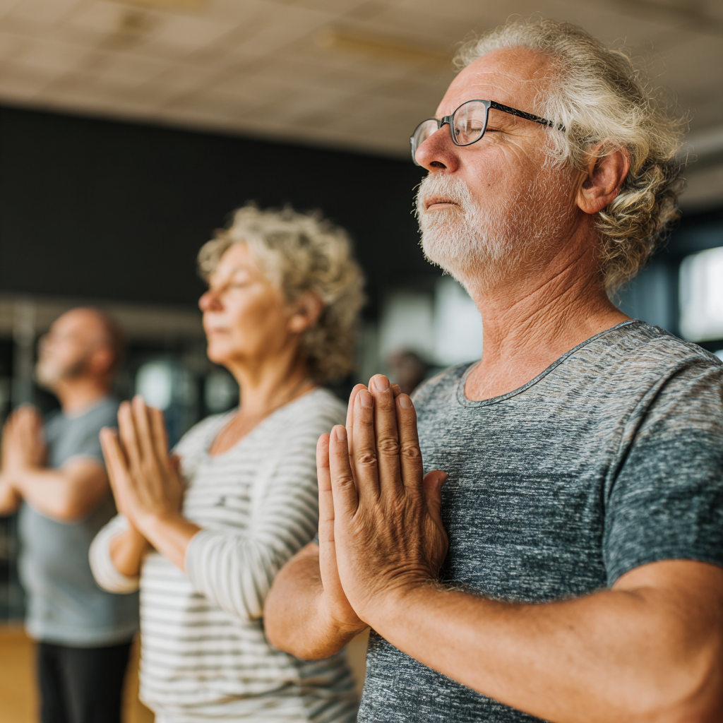 Senior adults participating in gentle yoga session with focused breathing